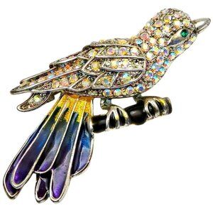 Vintage Aurora Borealis Rhinestone & Enamel Bird Brooch, Mid-Century Jewelry